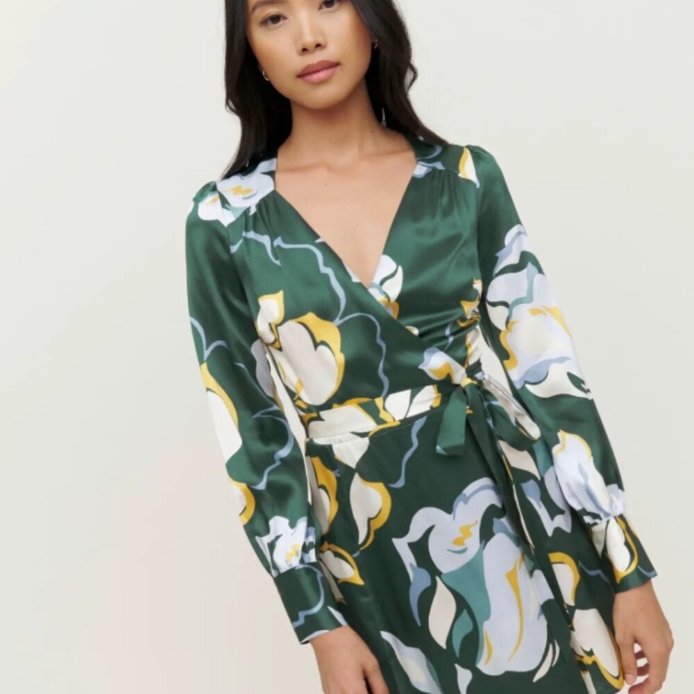 NWOT Reformation Chrissy Dress Floral Silk Wrap Mini Dress in Lyra Green XS $278 - Picture 5 of 14